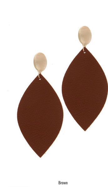 Brown Oval Post Leather Drop Earrings