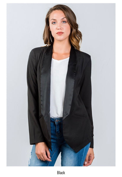 Black Angled Blazer With Satin Detail For The Tuxedo Look.