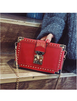 Rivet Patchwork Metal Lock Chain Shoulder Bag